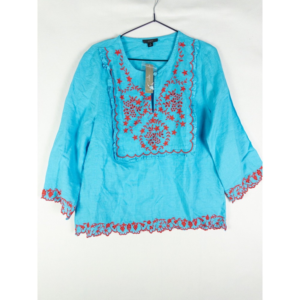 J.Crew Linen Embroidered Floral Tunic Top Womens S Turquoise Red Boho Coastal